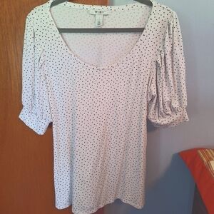 White House Black Market White Blouse with Black Dots Short Puff Sleeve Size L